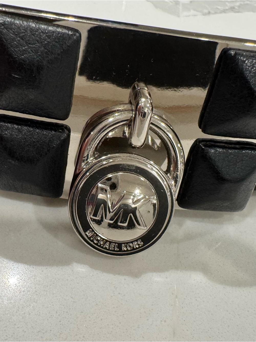 Vintage Michael Kors Black Leather Belt with Silver MK Padlock Accent